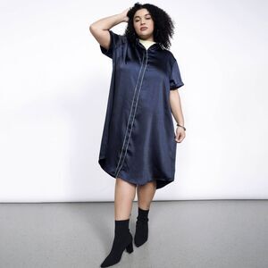 Wildfang The Empower Satin Shirt Dress Navy Blue Medium Shift Dress